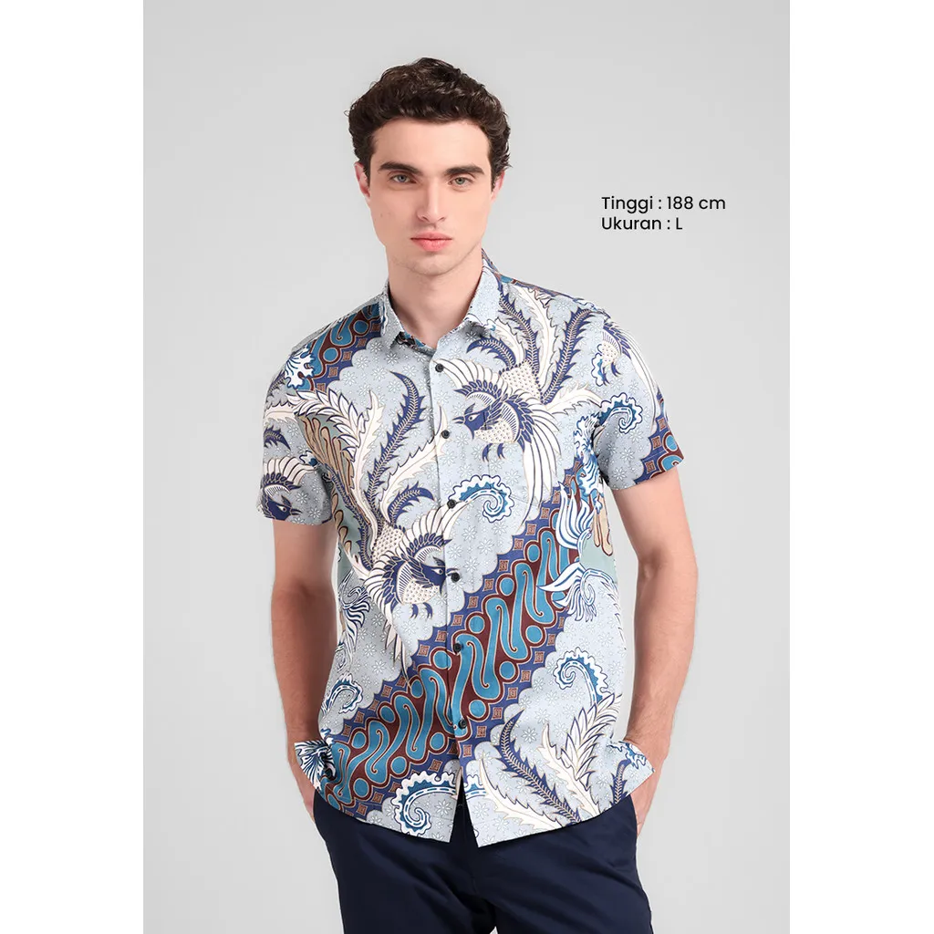 MANZONE - Kemeja Batik Lengan Pendek Pria Pandarka 03 Modern Fit - Green Grey