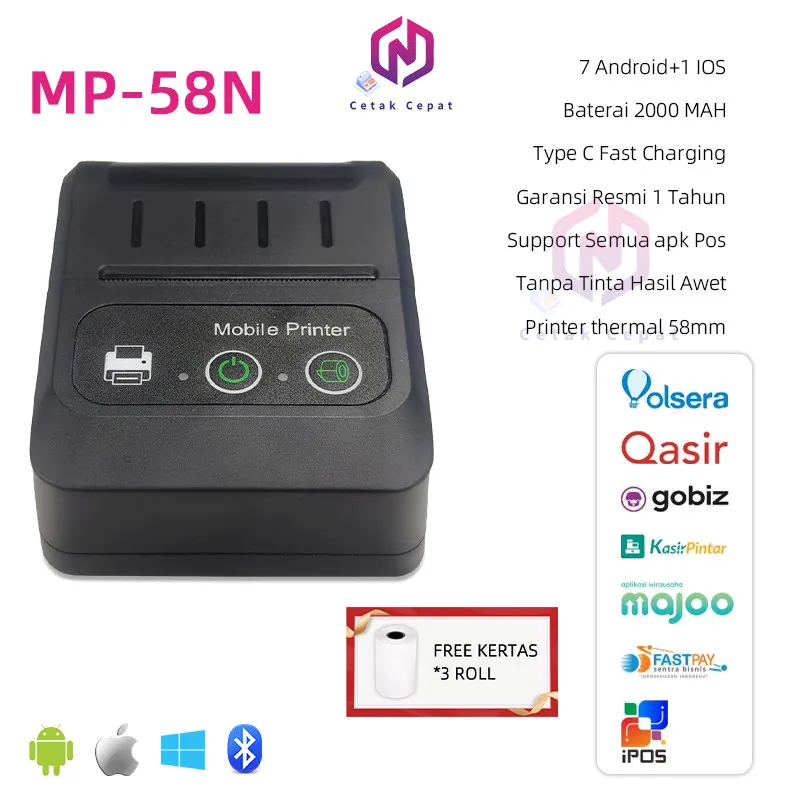 PRINTER BULETOOTH MINI PRINTER KASIR 58mm Printer Thermal support Android/ios/Windows Bluetooth +USB free gift 1 roll kertas