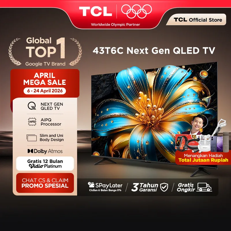 TCL Next Gen QLED 43 inch T6C - 4K Google TV - HVA Panel - HDR 10+ - Dolby Vision & Atmos - Google Assistant/Google Play/Netflix/Youtube/Disney+Hotstar - Smart Android 40 LED Digital (Model: 43T6C)