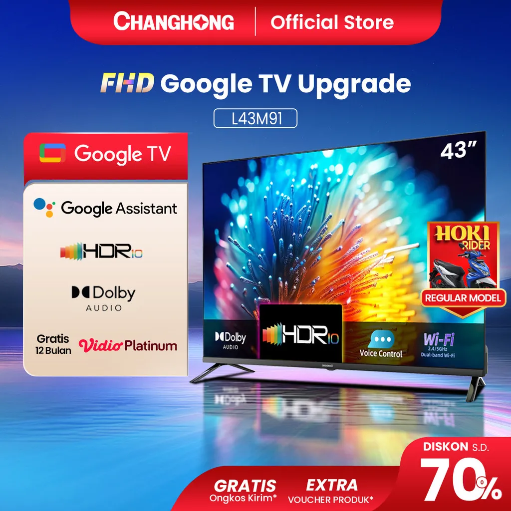 CHANGHONG GOOGLE TV SMART TV DIGITAL 43 inch FHD L43M91 Dolby Audio Playstore Netflix VIDIO 1 Tahun