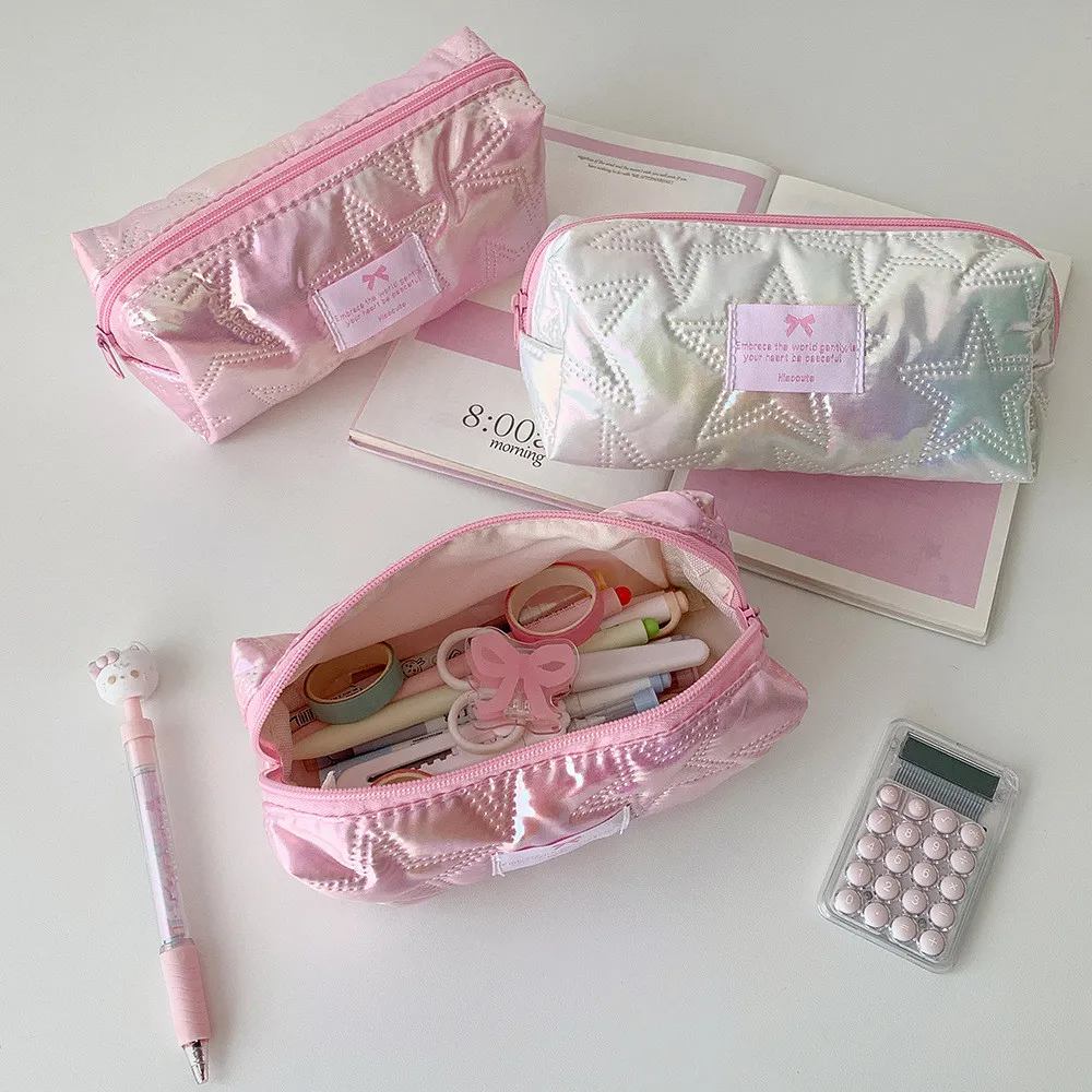 SHINSDAY Tempat Pensil Pouch Makeup Puffy Metalic Star Pastel Travel Bag Tas Kosmetik Organizer Kotak Pensil Y2K Aesthetic