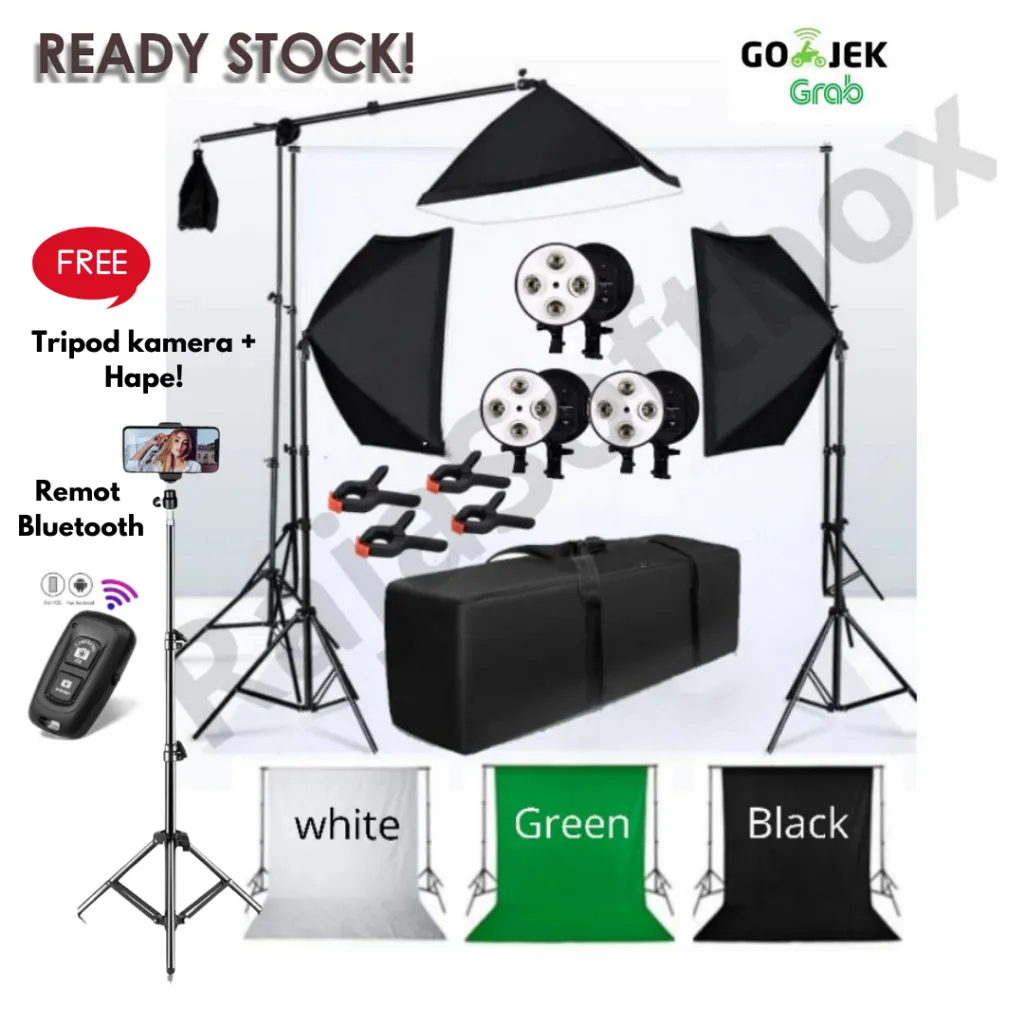 Lampu Lighting Foto Video Studio Softbox 4 socket holder Set + Background Foto + 4 holder background