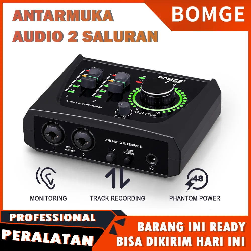 BOMGE mini Audio Interface 2Channel SoundCard，Untuk rekaman, streaming, dan podcasting, dengan daya phantom XLR/48V, ini adalah antarmuka audio berkualitas studio untuk gitaris, penyanyi, podcaster, atau produser
