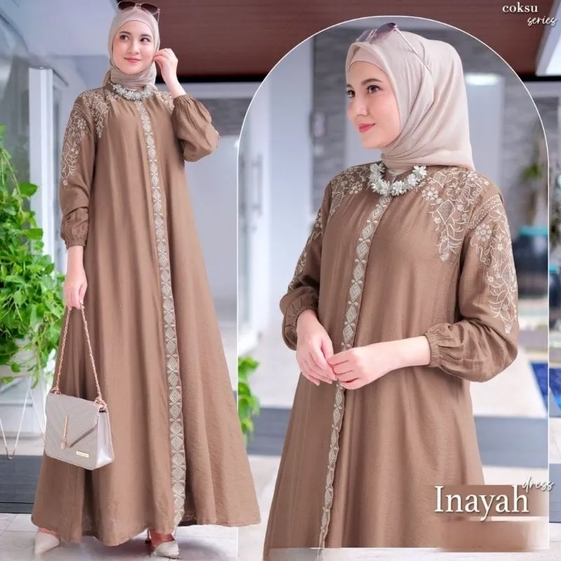 GAMIS WANITA INAYAH DRESS MATERIAL POLO LINEN APLIKASI BORDIR ZIPPER DEPAN/DRESS WANITA MUSLIMAH MISNADHIFA MODEL SIMPEL TERBARU