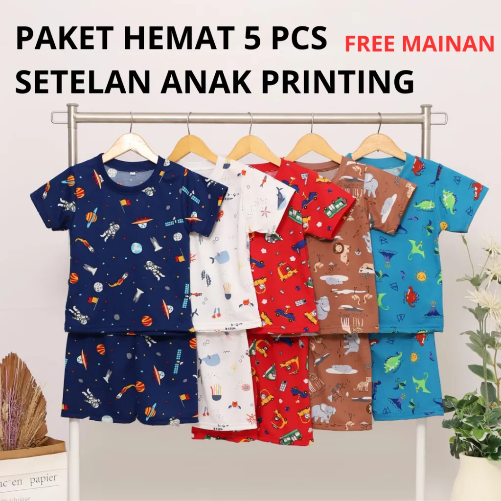 IRU KIDS - 5 PCS PAKET SETELAN ANAK PRINTING COWOK DAN CEWEK UNISEX USIA 0-6 TAHUN FREE MAINAN