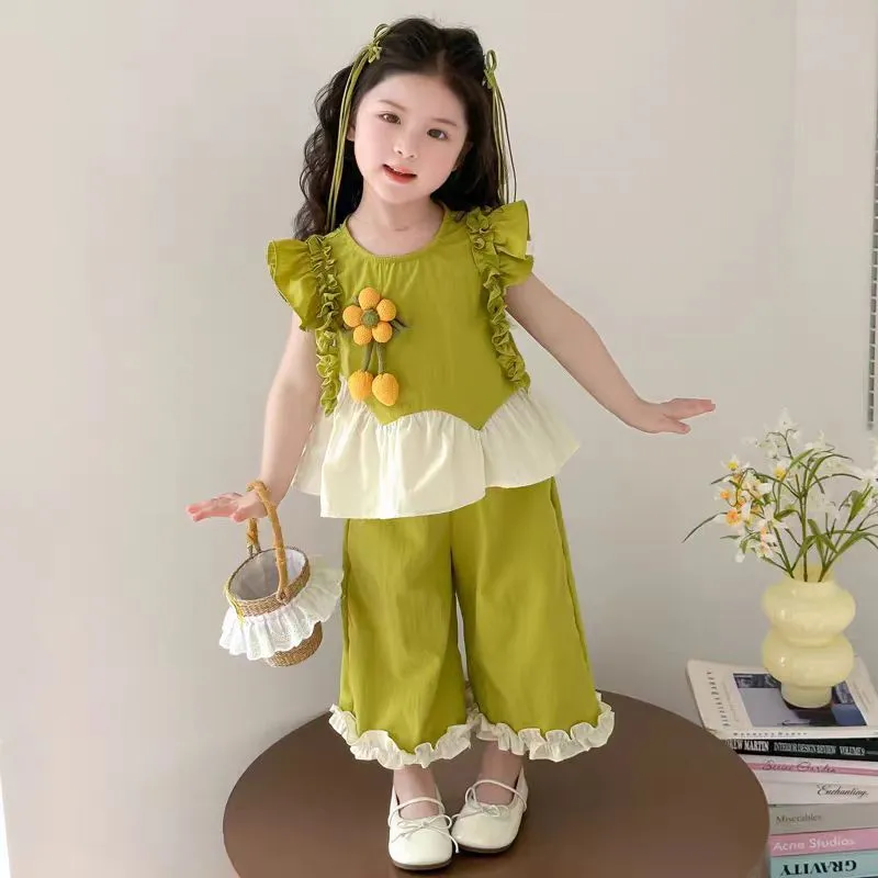 Pandabaju(44-DZ21)Setelan  Baju Anak Perempuan Motif Bunga Uisa 1-5th/Setelan Korean Style Fashion