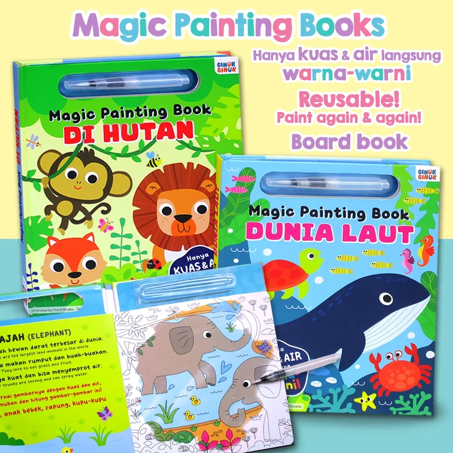 Buku Painting Ajaib / Magic Water Painting Book Hewan (Reusable! bisa berulang kali) Board Book
