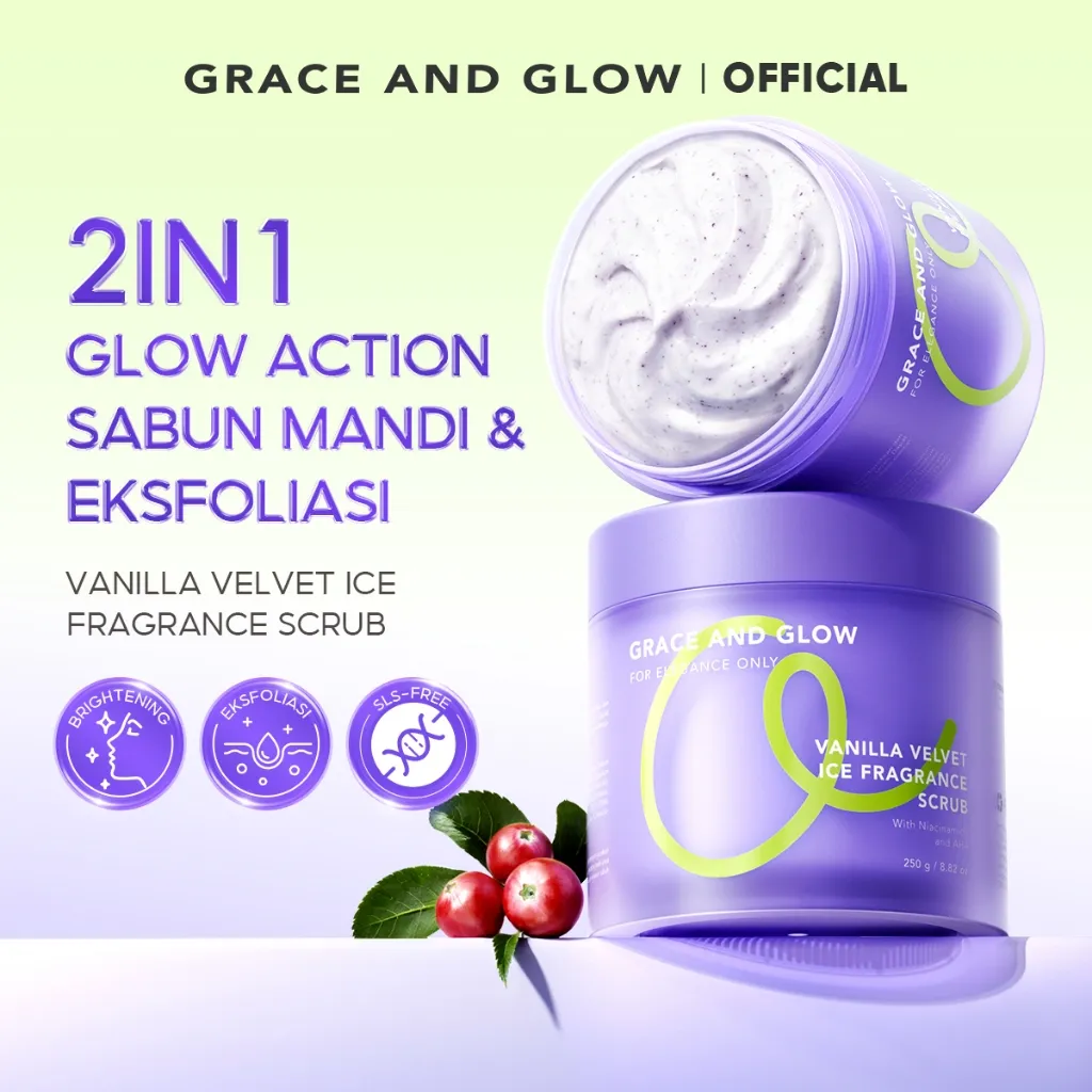 [NEW LAUNCH] Grace and Glow Body Scrub Vanilla Velvet Ice Fragrance | 2in1 Dual Action Scrub & Body Wash | Lulur Badan Sabun Mandi Exfoliasi Wangi Vanilla Tahan Lama untuk Mencerahkan dan Mengangkat Sel Kulit Mati | Exfoliating with AHA + Niacinamide