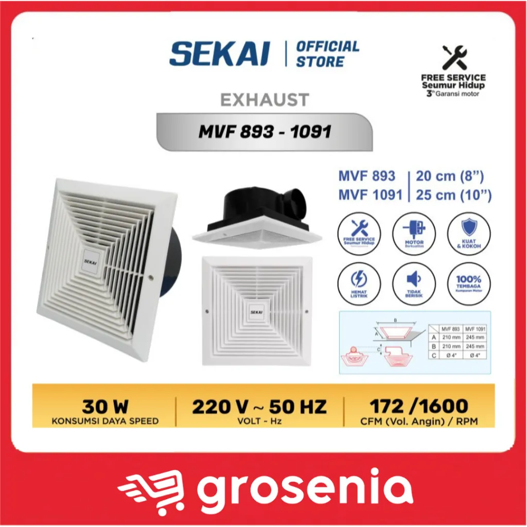 SEKAI Exhaust Fan / Kipas Angin Hexos Plafon Dak 8 Inch MVF 893/ 10 inch MVF 1091/ 12 inch MVF 1293