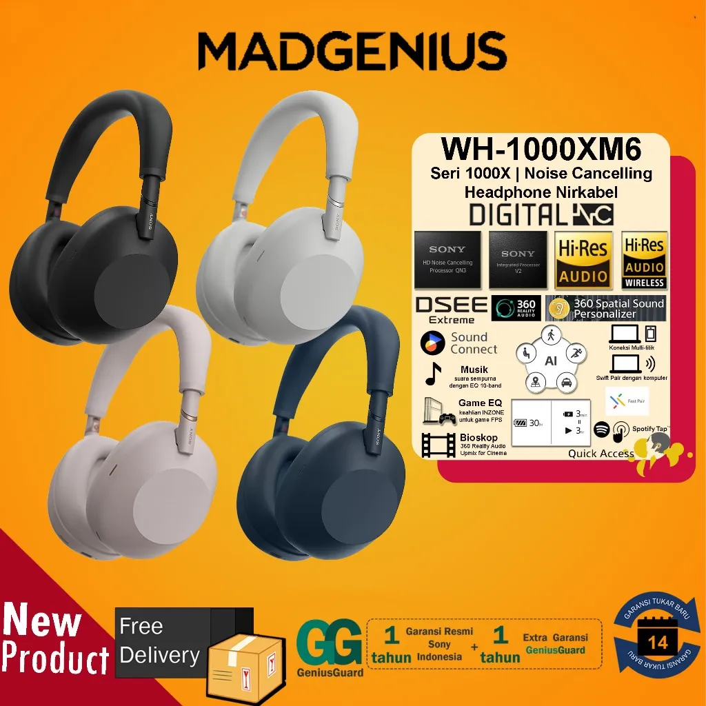 SONY Original Headphone Sony WH-1000XM6 Noise Cancelling Headphone Nirkabel WH1000XM6 Headphone Bluetooth Seri WH 1000XM6 , Garansi Resmi dari Sony Indonesia