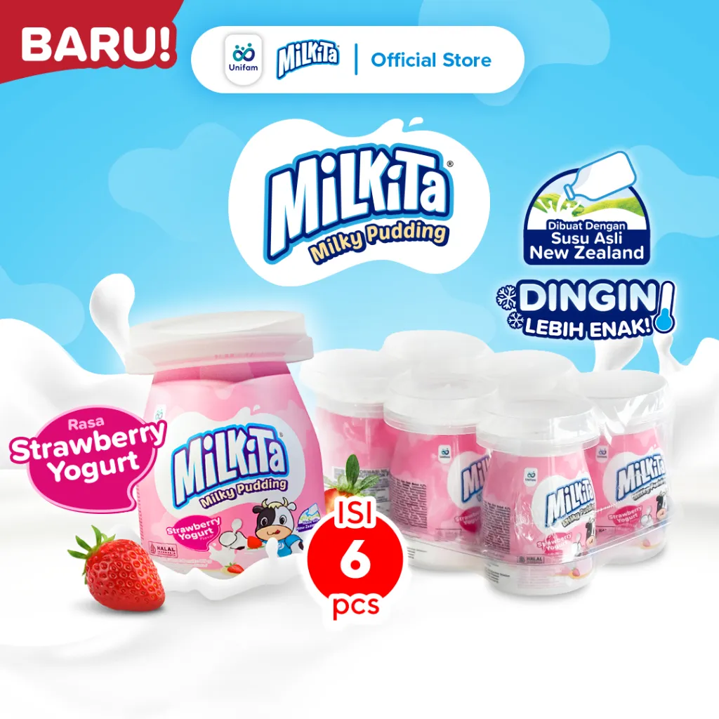 Milkita Milky Pudding Rasa Yoghurt Strawberry - Puding Susu (Isi 6 Cup)
