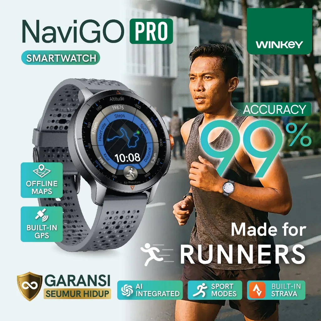 WINKEY Smartwatch Running NaviGO PRO STRAVA Built in GPS Offline Maps Akurat 99% Layar AMOLED