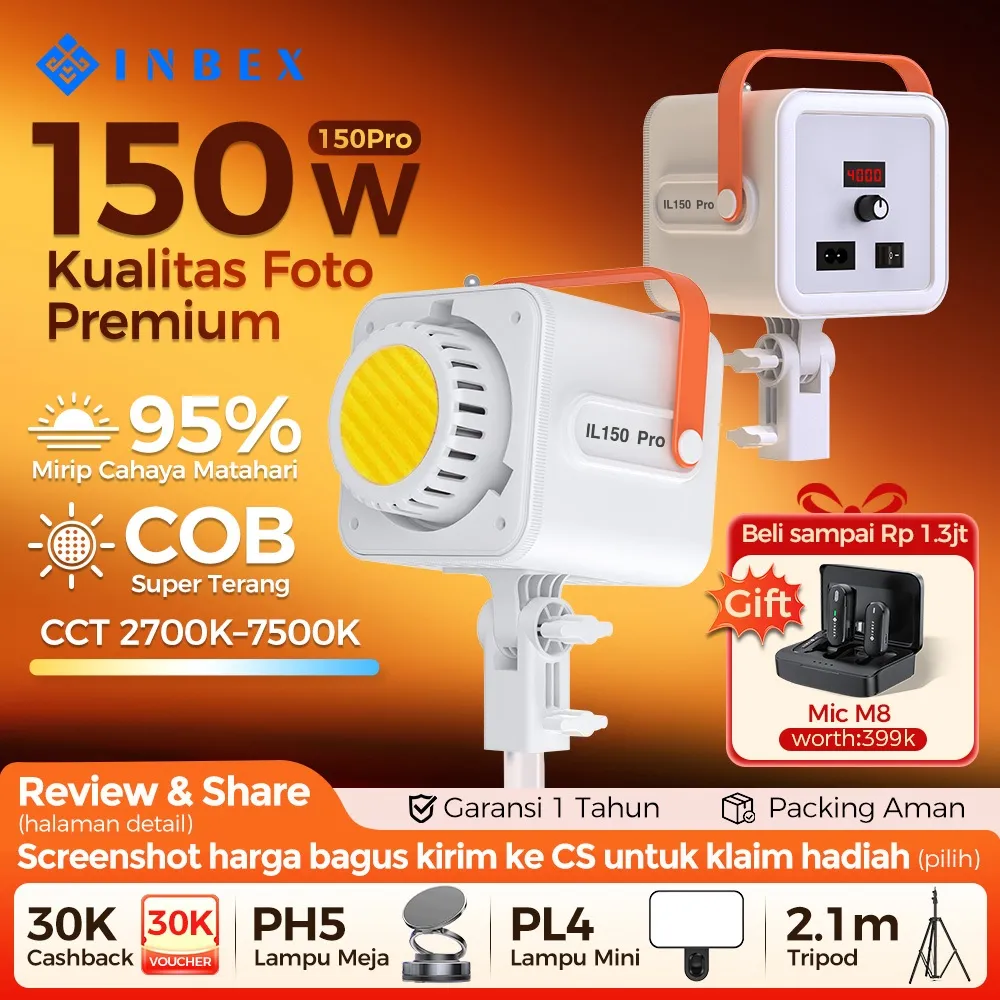 [k] INBEX IL150Pro Lighting Studio Kit  Lampu Konten Live Streaming Photography with CRI 95 dan suhu warna (2700K-7500K)