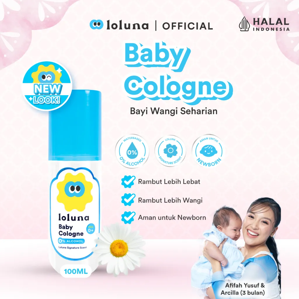 Loluna Baby Cologne 100ml - Parfum Bayi & Anak 0% Alcohol dan Wangi Premium Khas Loluna Tahan 8 Jam+ - Aman untuk Kulit Sensitif dan Newborn + Dengan Aloe Vera dan Dermatologically Tested