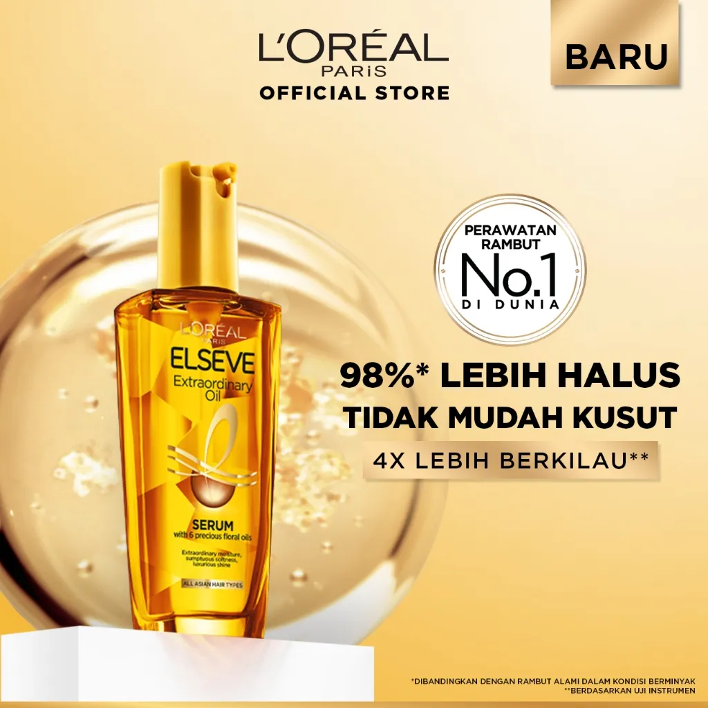 L'Oreal Paris Elseve Extraordinary Oil Gold Hair Treatment Serum 100ml -  Rambut Halus Berkilau dalam Satu Pemakaian - dari Bunga Istimewa Omega 3 - Perawatan Rambut Vitamin Rambut 100ml   Vitamin rambut