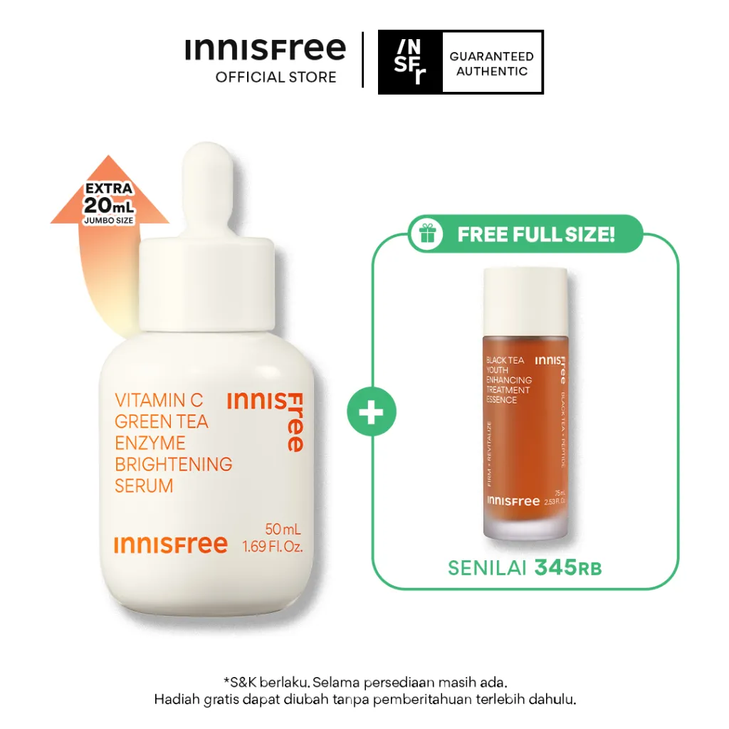Buy 1 Get 1 Innisfree Vitamin C Green Tea Enzyme Brightening Serum 50ml FREE Black Tea Treatment Essence 75ml - Bundle Pencerah Noda Hitam
