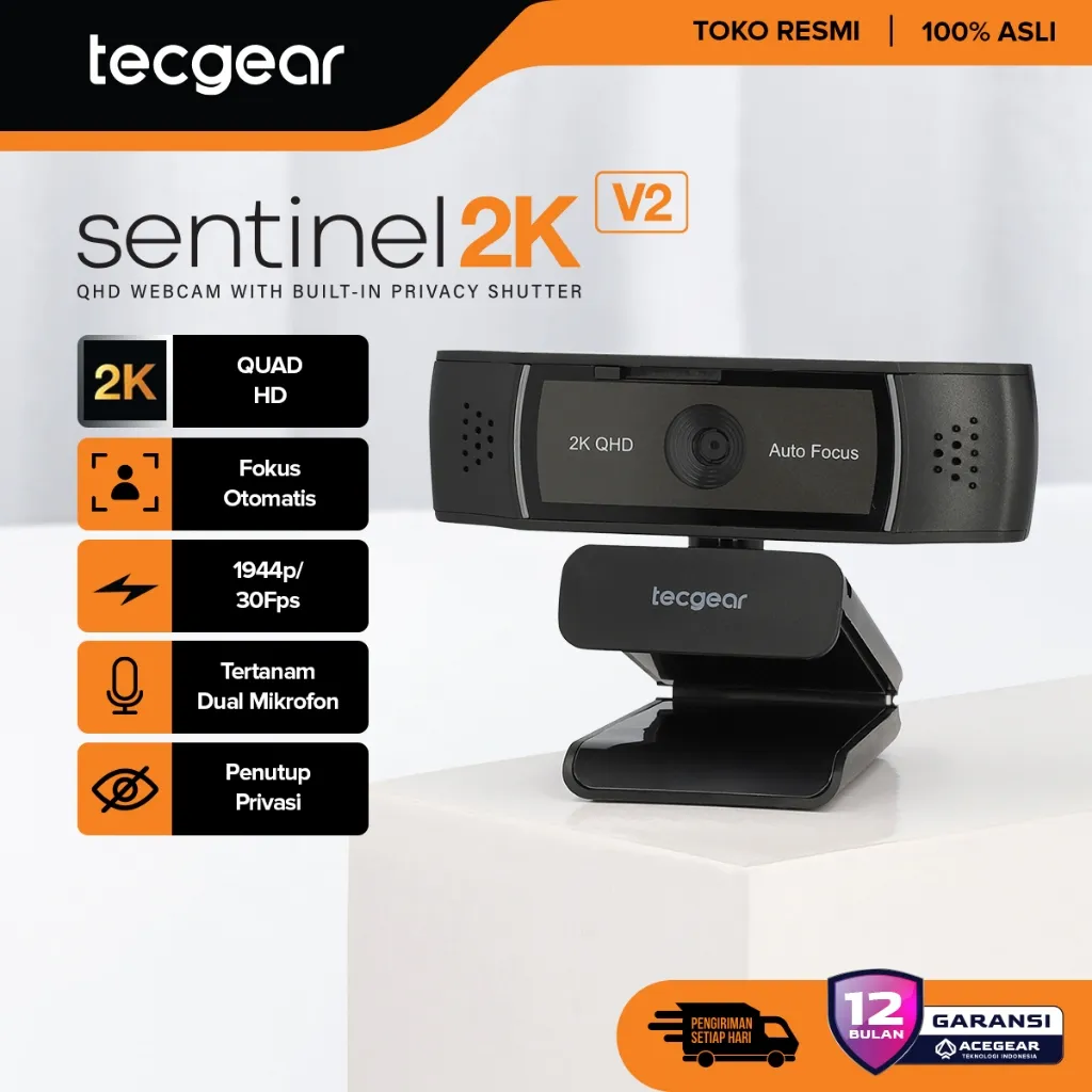Tecgear Webcam 2K dengan Privacy Shutter, AF, Mic
