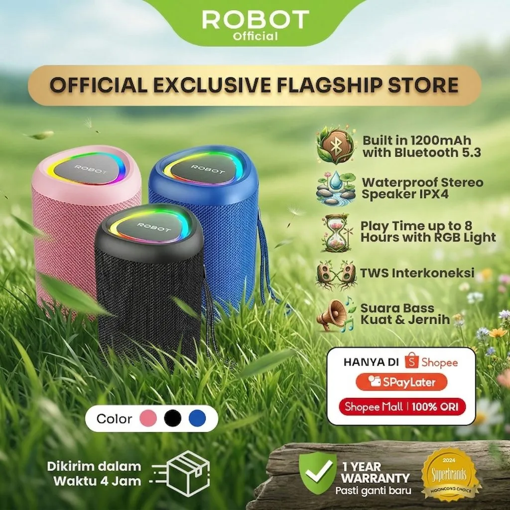 [Official] ROBOT RGB Portable Bluetooth Speaker Deep Bass Light IPX4 Waterproof 1200mAh Battery TWS Pairing Bluetooth 5.3 Wireless Speaker for Outdoor Music RB120– Official Store 1 Year Warranty