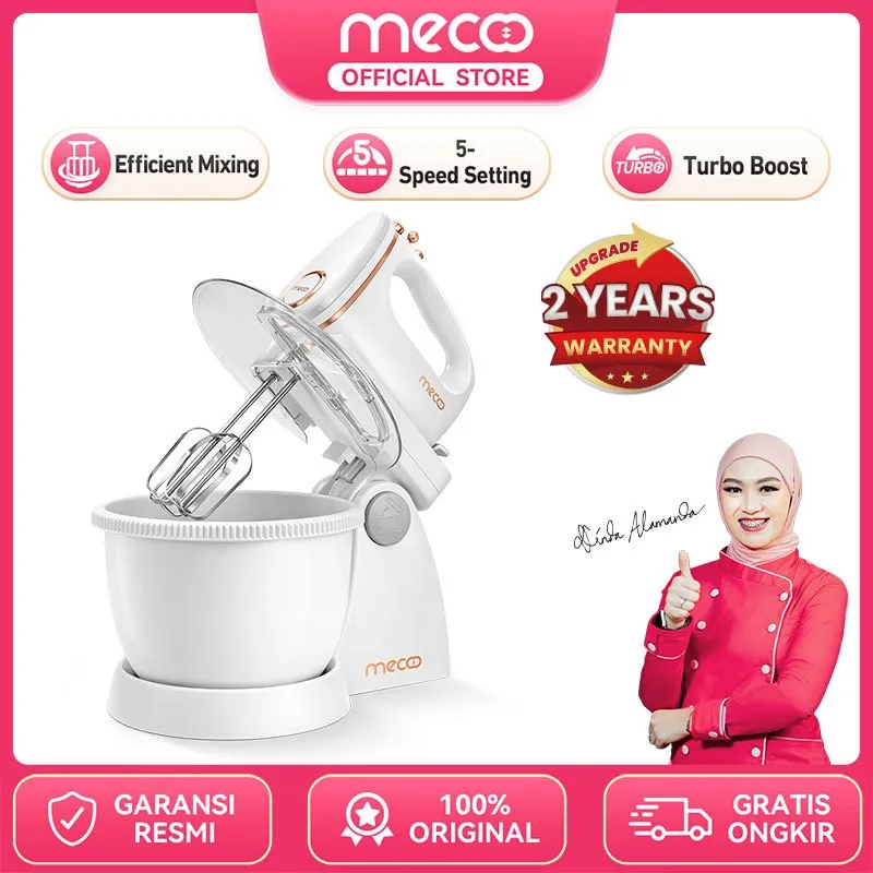 Mecoo Most Aesthetic Hand Mixer with Bowl Stand Base Stand Mixer 170 Low Watt Pengaduk Adonan Kue 5 Kecepatan Presisi Mode Turbo Sistem Lepas-Cepat One-Click 2 Aksesori Baja Tahan Karat Motor Tembaga 170W Kuat Kabel 170cm Desain Berdiri Dudukan Putar