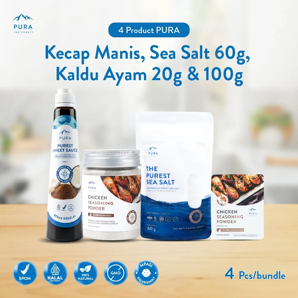 Pura Complete Bundle! [4PCS] Kecap Manis 200ml + Kaldu Asli 100gr + Sea Salt Fine 60gr + Kaldu Asli 20gr - Garam Laut Halus Organik - Kaldu MPASI Bayi Tanpa Penguat Rasa Non MSG - Sweet Sauce Kelapa Rendah Gula