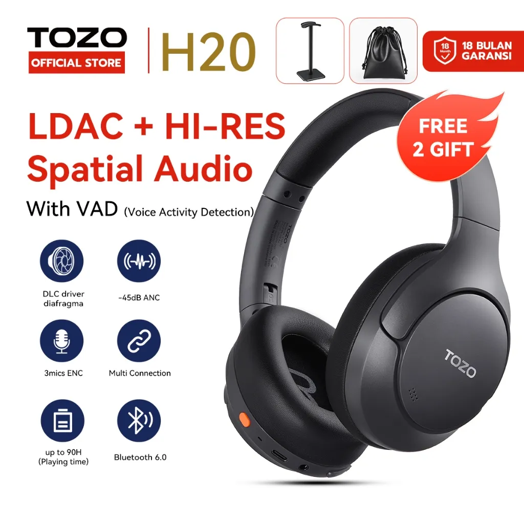 (New Arrival 2026)TOZO H20 LDAC Hi-Res 360 Spatial Audio Wireless Bluetooth Headphone Over Ear 40mm DLC Driver Bass Kuat Hybrid ANC Noise Cancelling Spatial Audio 3D 3MIC ENC Clear Call Low Latency Gaming 90 Jam Playtime Multi Device