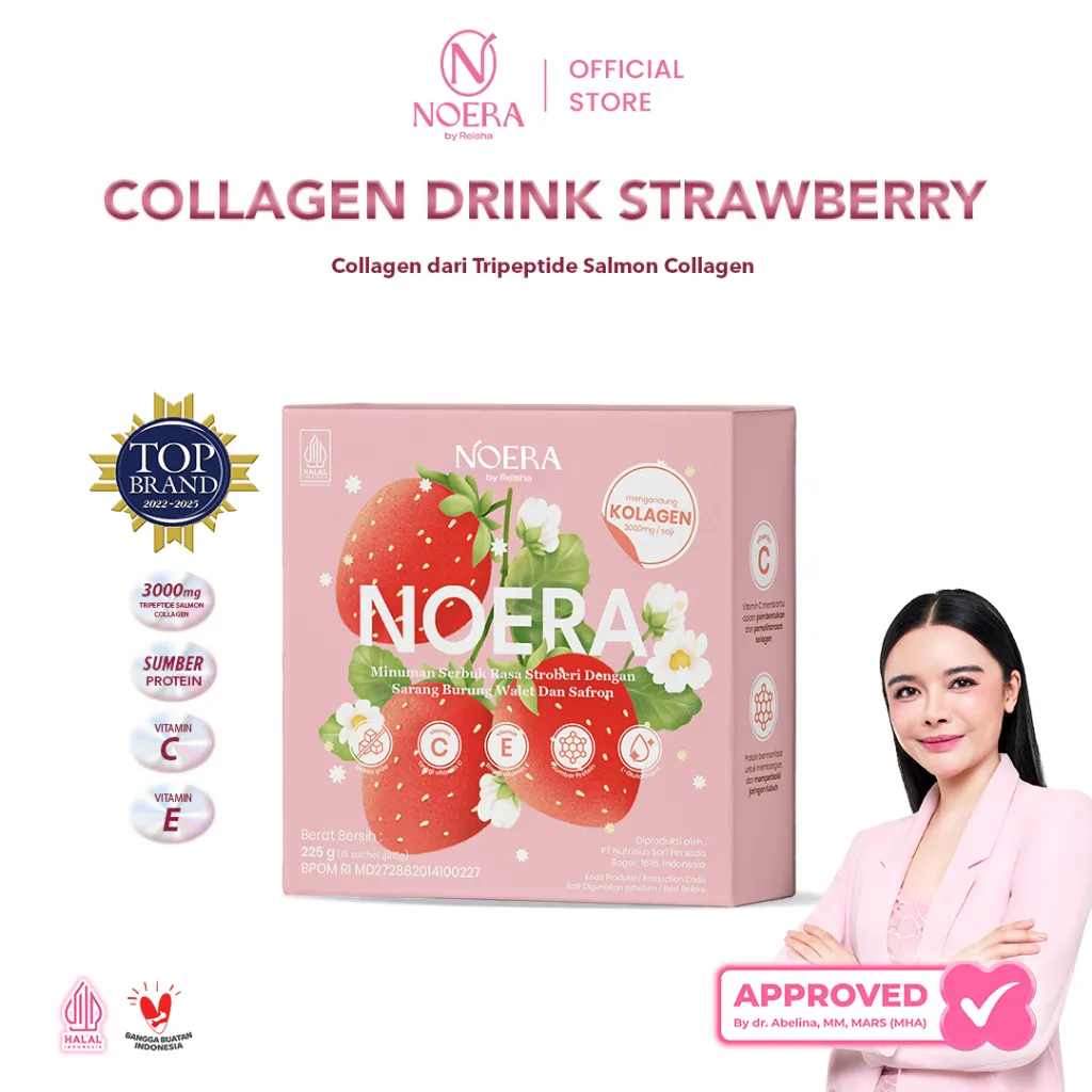 Noera Collagen Drink Strawberry With Birdnest and Safron Extract Improved Formula | 3000mg Tripeptide Salmon Collagen | 350mg L-Gluthatione | Minuman Kolagen