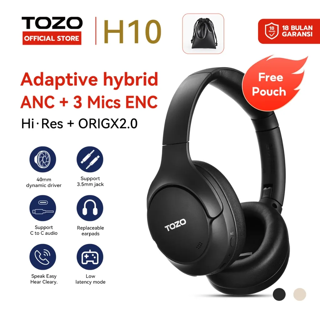 NEW LAUNCHING Tozo H10 (HT2) Hybrid Active Noise Cancelling Hi-Res Audio Headphones ANC + ENC 3 Mics Clear Calls Wireless Over Ear Bluetooth Headset 40mm Dynamic Driver  Custom EQ via App Deep Bass Comfort Fit Ear Cups support Jack 3.5mm and C to C cable