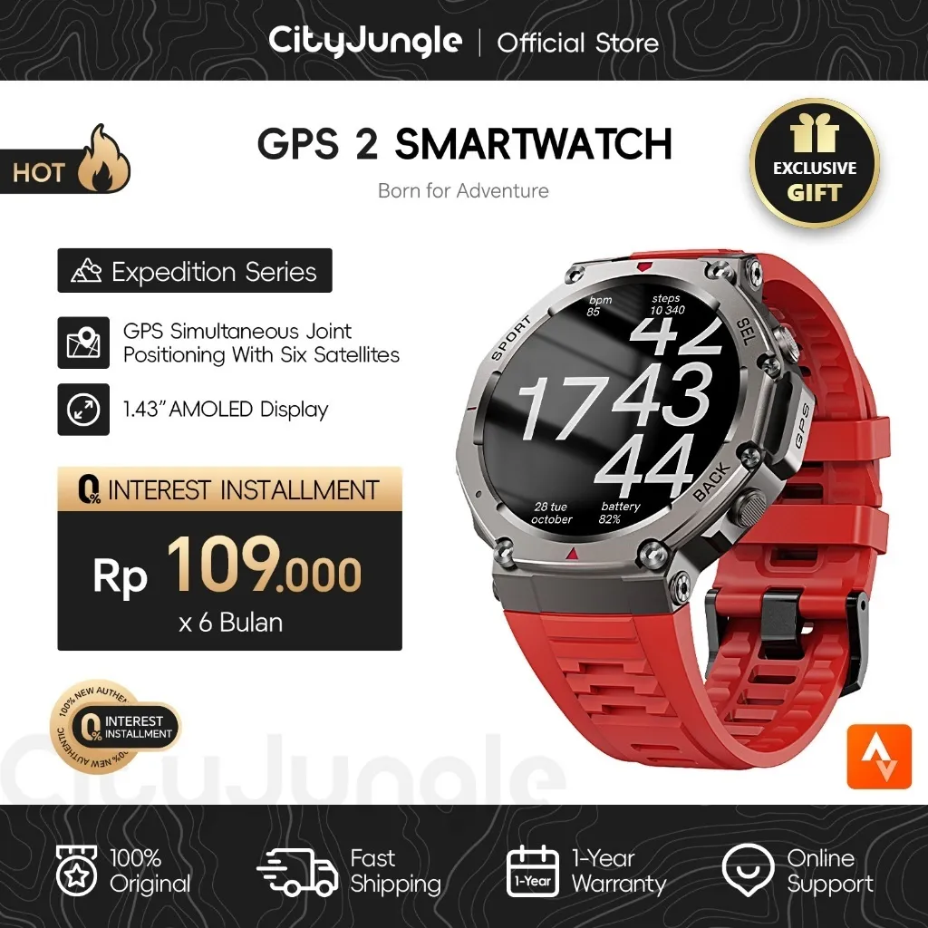 Cityjungle B78 Smartwatch GPS 2 | Jam Tangan Olahraga & Outdoor Tahan Air 5ATM | Layar AMOLED 1.43” Full Touch | Kompas, Altimeter & Barometer | 170+ Mode Olahraga & Sinkron Strava | Detak Jantung & Oksigen | Panggilan Bluetooth & Notifikasi