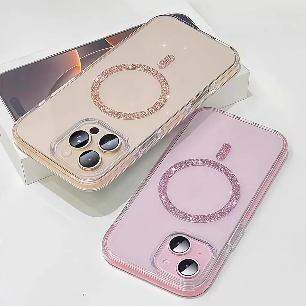 i13 i15 Softcase Airbag Protection Pink Shiny Glitter Casing Premium Acrylic Magnetic Silicone Soft Case for iPhone 15 11 12 13 14 16 PRO MAX 14PLUS 15PLUS 16PLUS Black Blue Cover