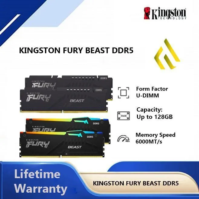 Kingston Fury Beast DDR5 6000MHz 8GB 16GB 32GB 64GB - Udimm Memory RAM Komputer PC Laptop
