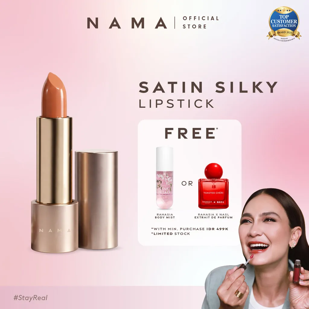 NAMA Beauty Satin Silky Lipstick | Lipstik Padat Glossy Pink Oren Peach Cream Original