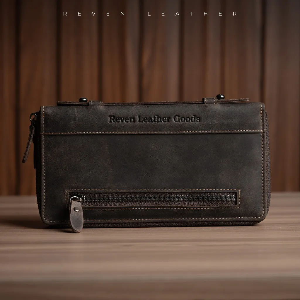 Reven Leather Benicio Handbag - Tas Tangan Clutch Pria Kulit Sapi Asli Free Random Gift | Hitam Ready