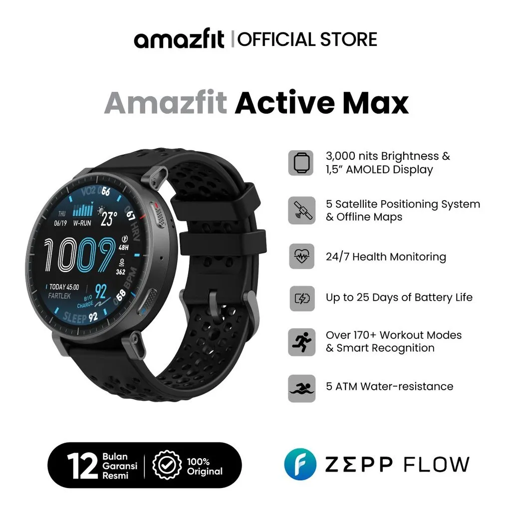 (PRODUK BARU)Amazfit Official | Active Max GPS Smartwatch Sportwatch 2026 – Baterai 25 Hari