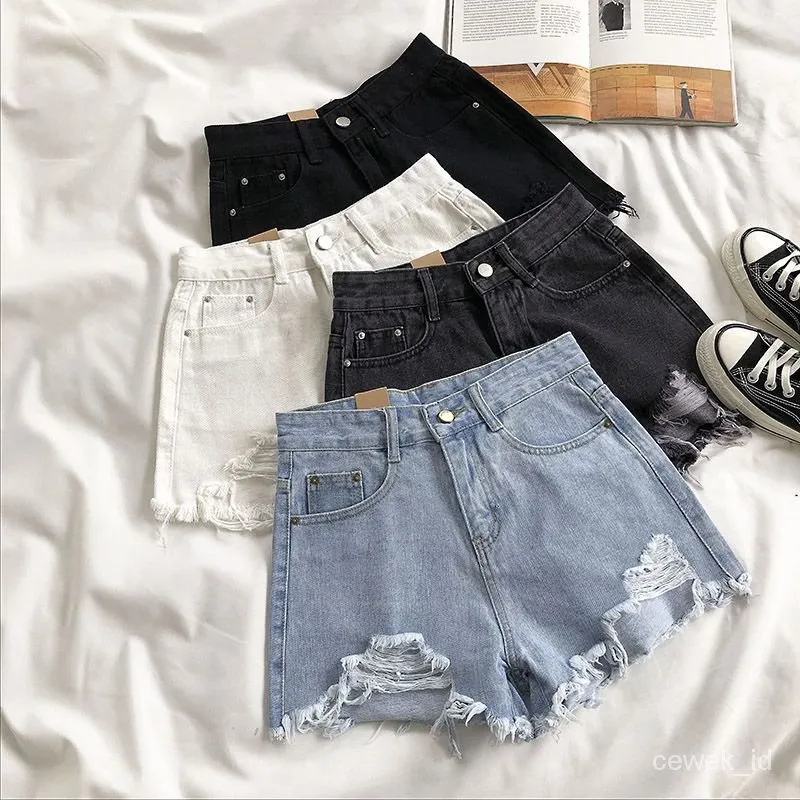 CEWEK_ID Fashion wanita Celana jeans pendek wanita ootd korean style hot pants jeans  sobek wanita shorts pants wanita santai oversize high waist dewasa kekinian ripped jeans cewek xxxl jumbo
