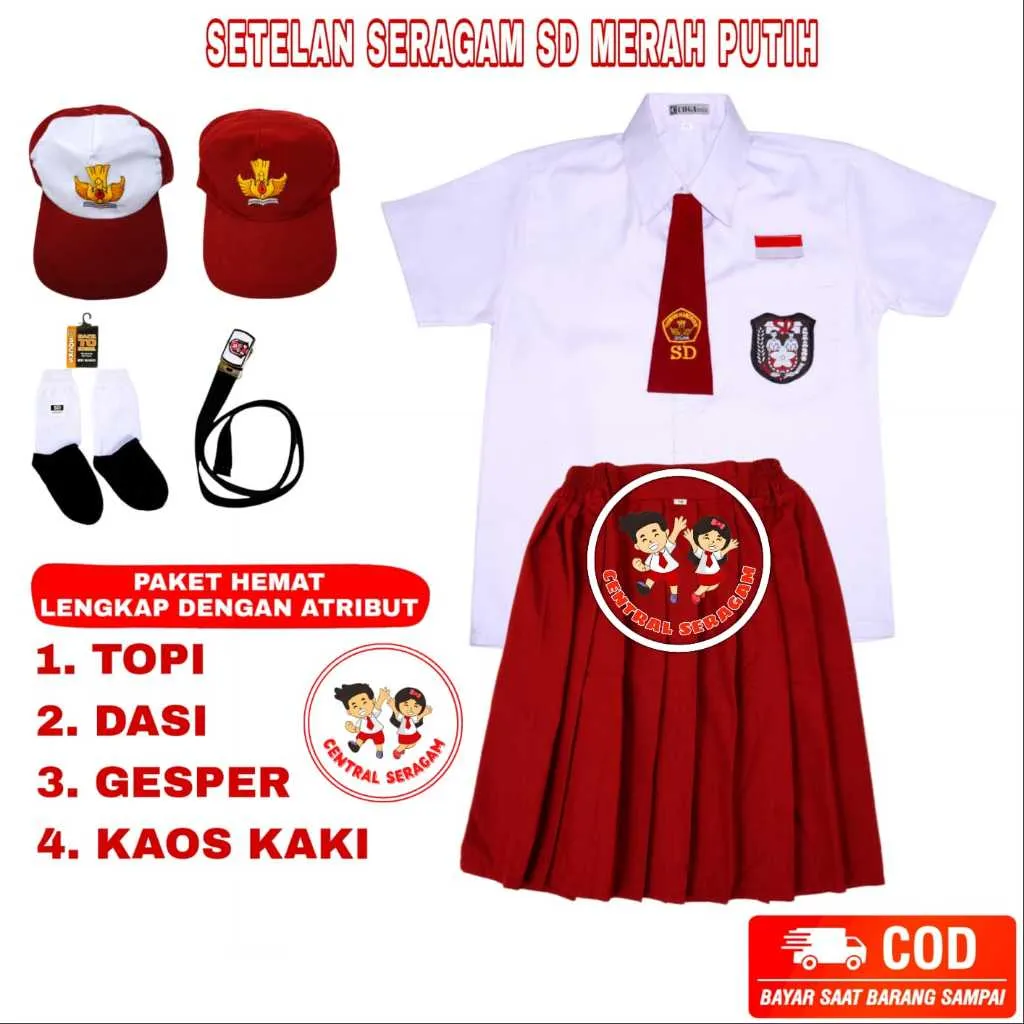 Setelan Super Lengkap Seragam Sekolah SD Perempuan Baju Pendek Rok Pendek Cewek Kelas 1 – 6 SD