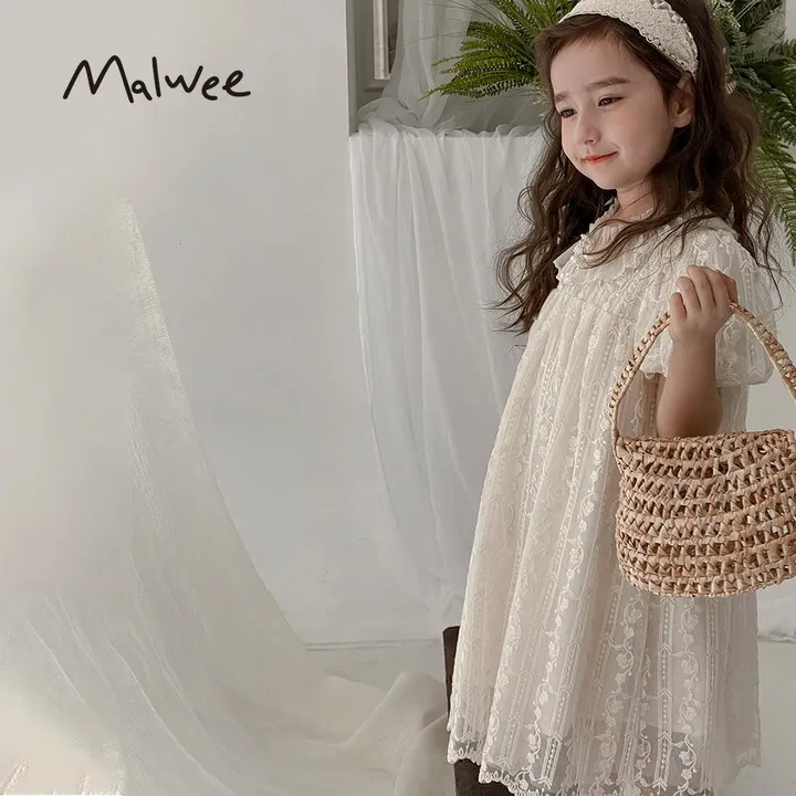 Malwee 2-14 Tahun Dress Anak Perempuan   Lengan Baju Puff Gaun Putri Renda Yang Cantik  Gadis NT010