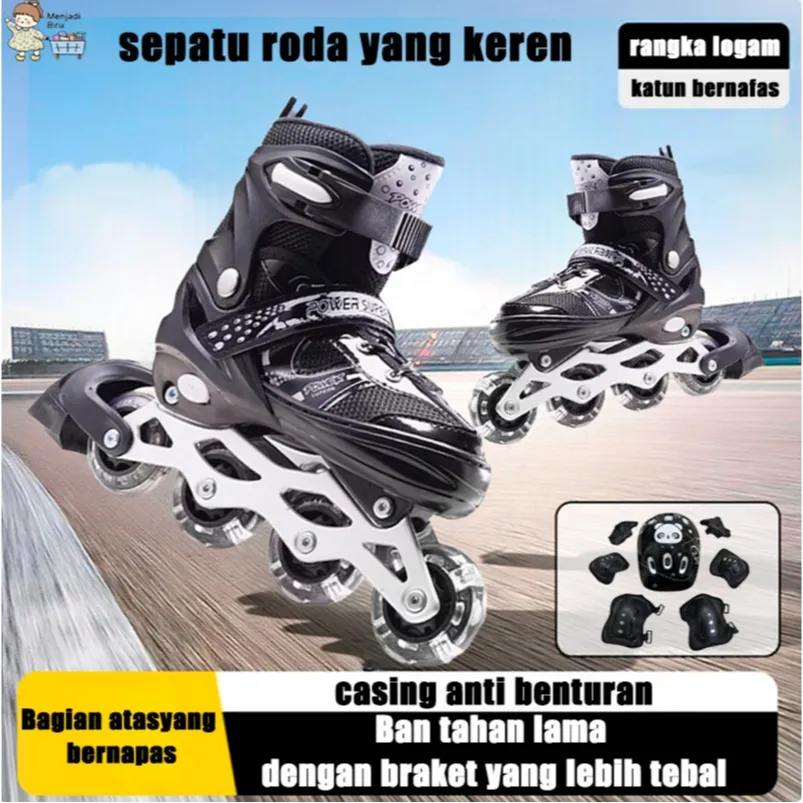Sepatu Roda Anak Inline Skate LED Glowing Wheel - Set Helm + Pelindung - Bajaj Dekker Mode