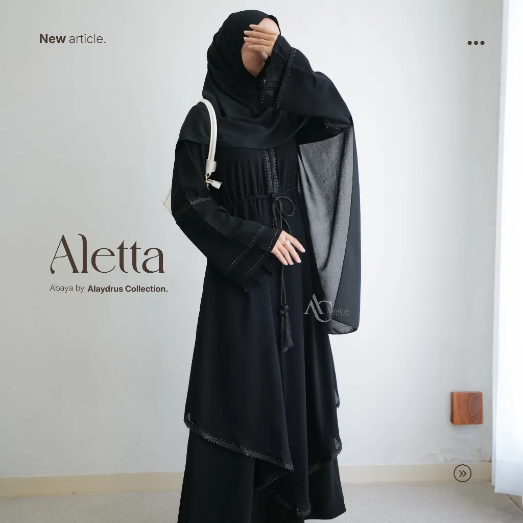 Alaydrus Collection Abaya Hitam Turkey Aletta Gamis Syari Muslimah Jetblack Hitam Kombinasi Chiffon