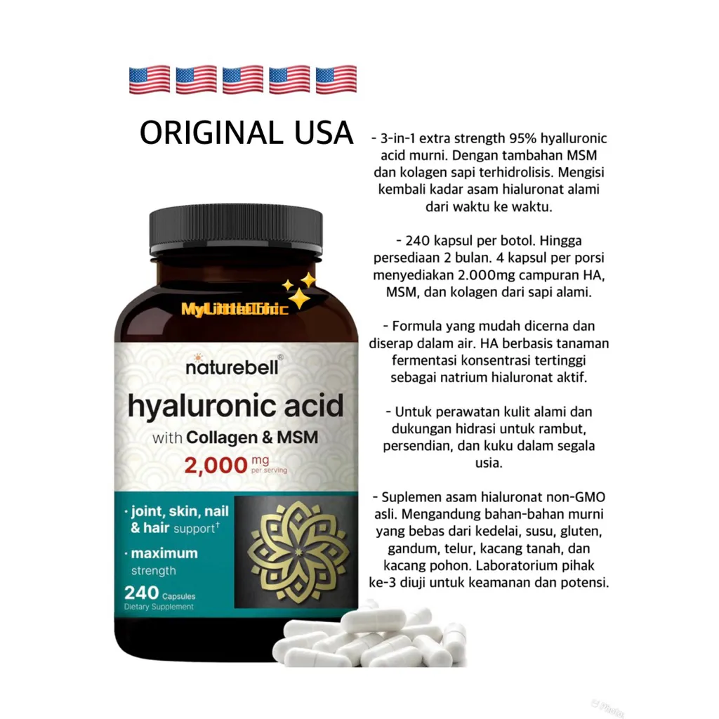 NatureBell Hyaluronic Acid Supplements 2000 mg | 240 Capsules with MSM & Hydrolyzed Bovine Collagen – 3 in 1 Support for Skin Hydration, Joint Lubrication, Hair, and Eye Health ORIGINAL USA - Nature Bell