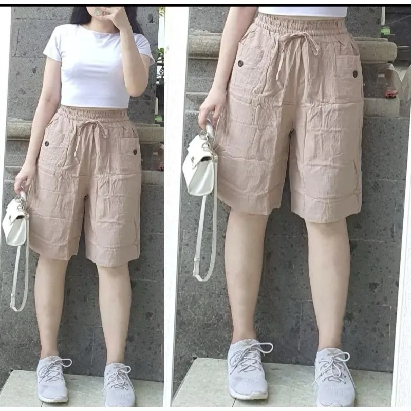 celana cargo pendek wanita linen crinkle kekinian//celana cargo pendek//celana santai//celana hotpants