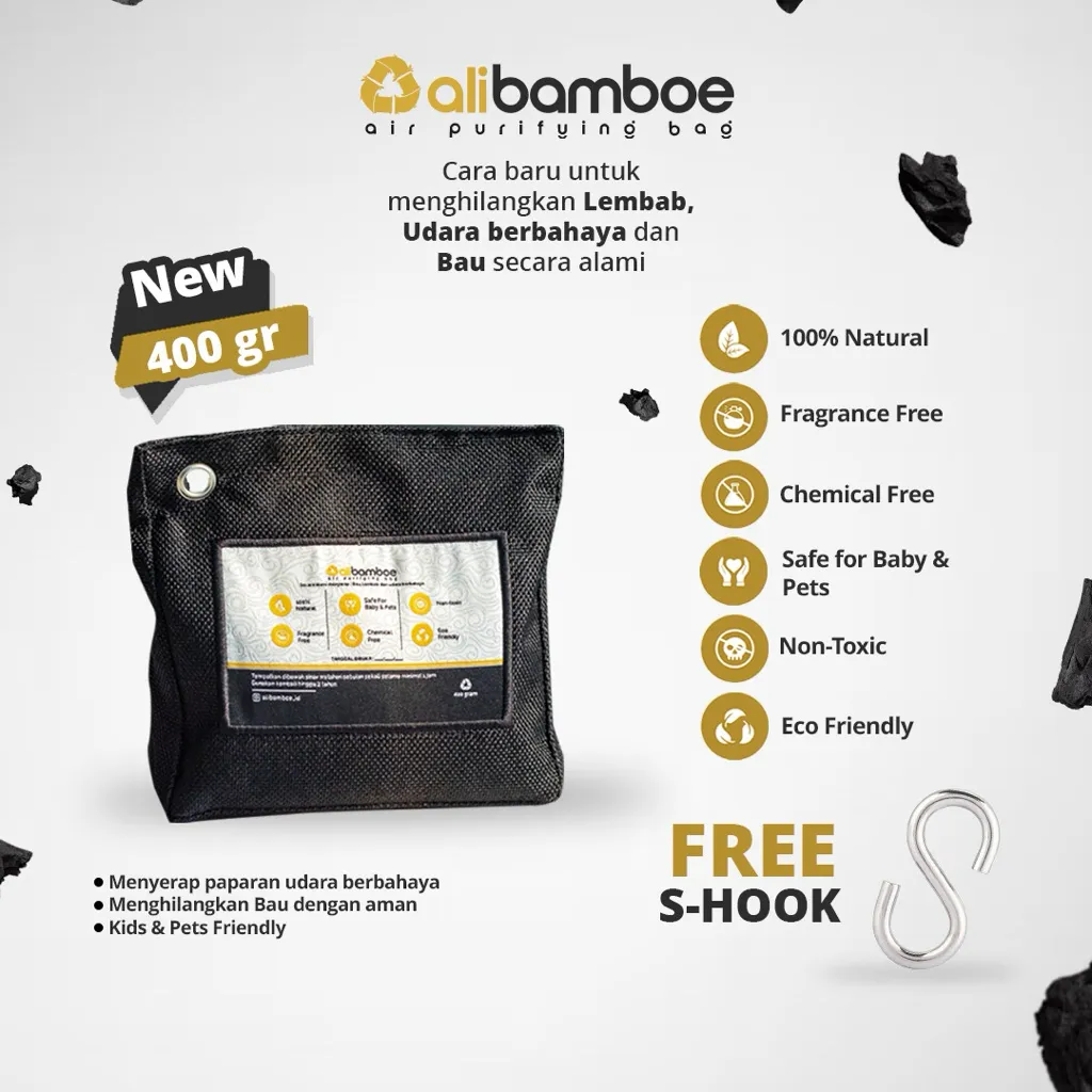 Alibamboe AIR PURIFYING BAG 400g Penghilang BAU, LEMBAB, JAMUR free S HOOK