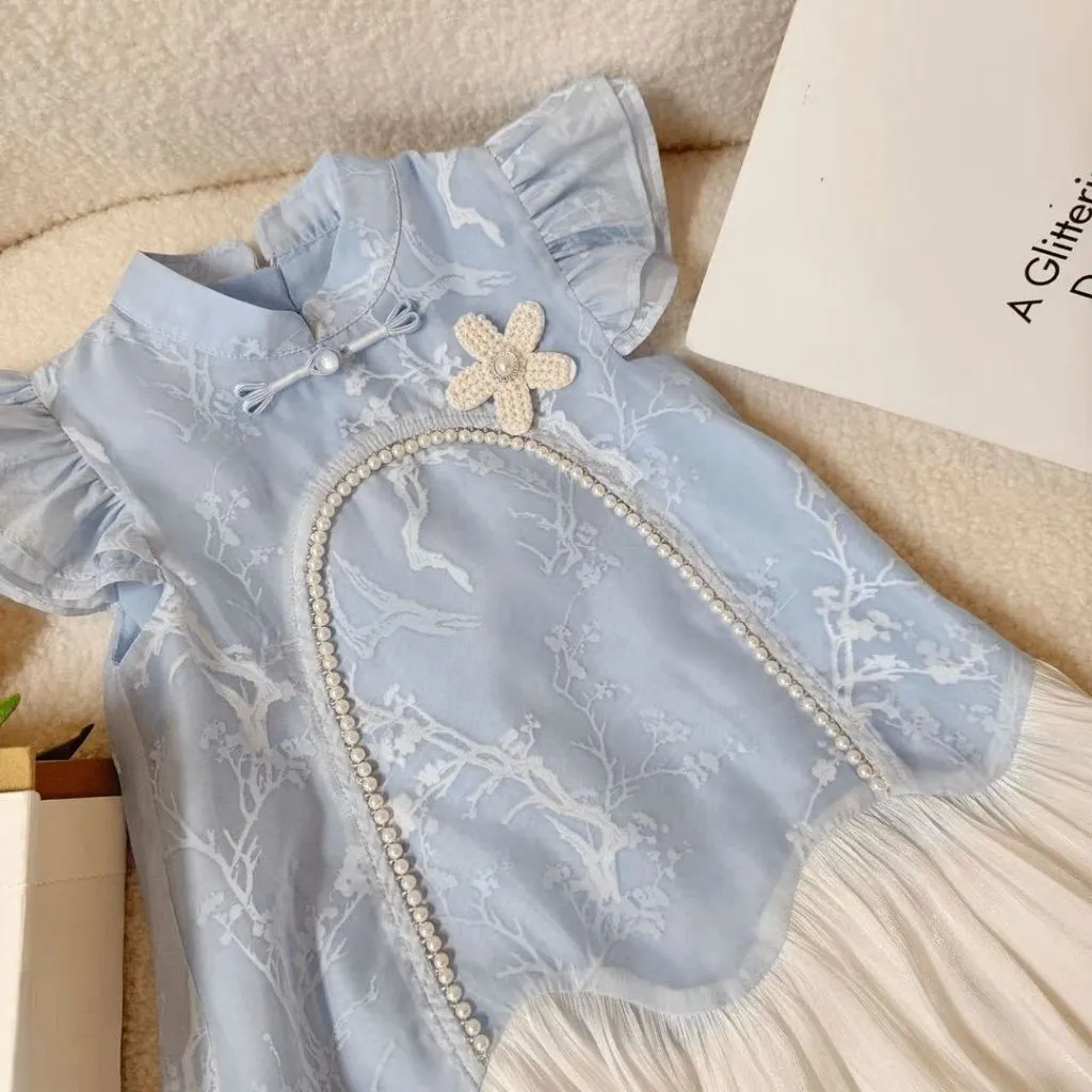 Beibei kids--1-9 Tahun biru Gaun Pesta Princess Gaun sifon semi dan musim panas rok lengan katun tipis Lengan terbang renda Boneka bunga bordir baru wanita versi