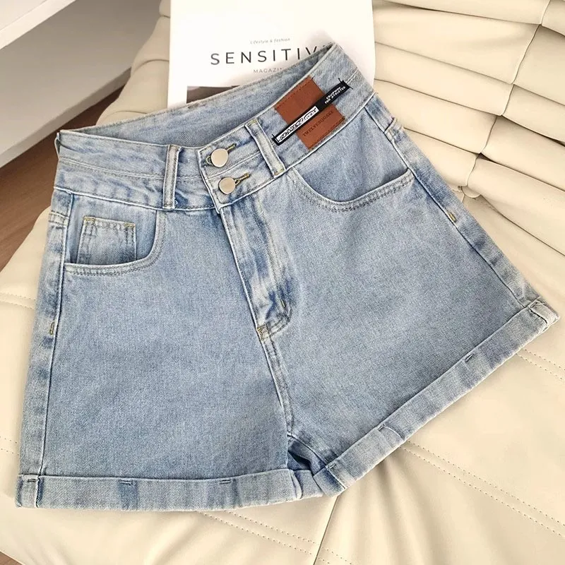 Keygirl Celana Pendek Denim Wanita Pinggang Tinggi yang Rusak short pants Kancing Kasual Musim Panas jumbo