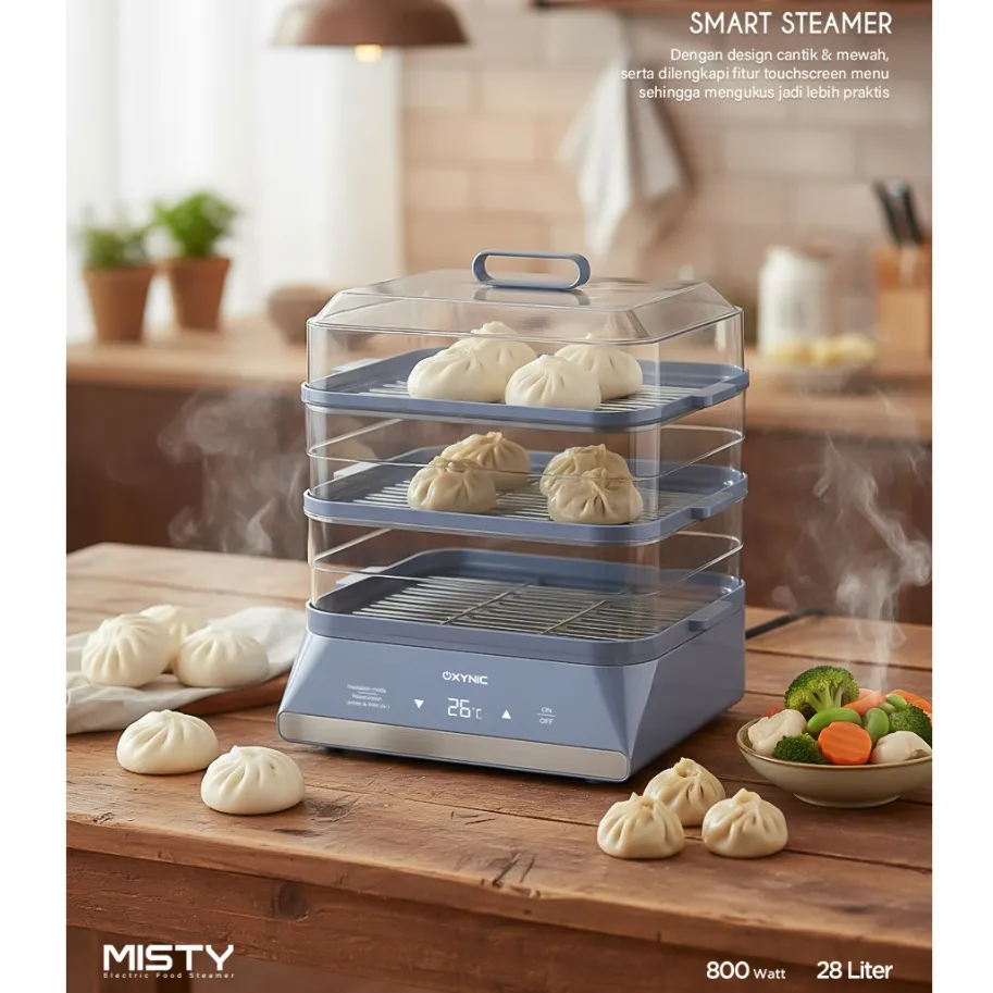 food steamer elektrik 3 tingkat OXYNIC touchscreen alat kukus makanan serbaguna anti lengket MISTY