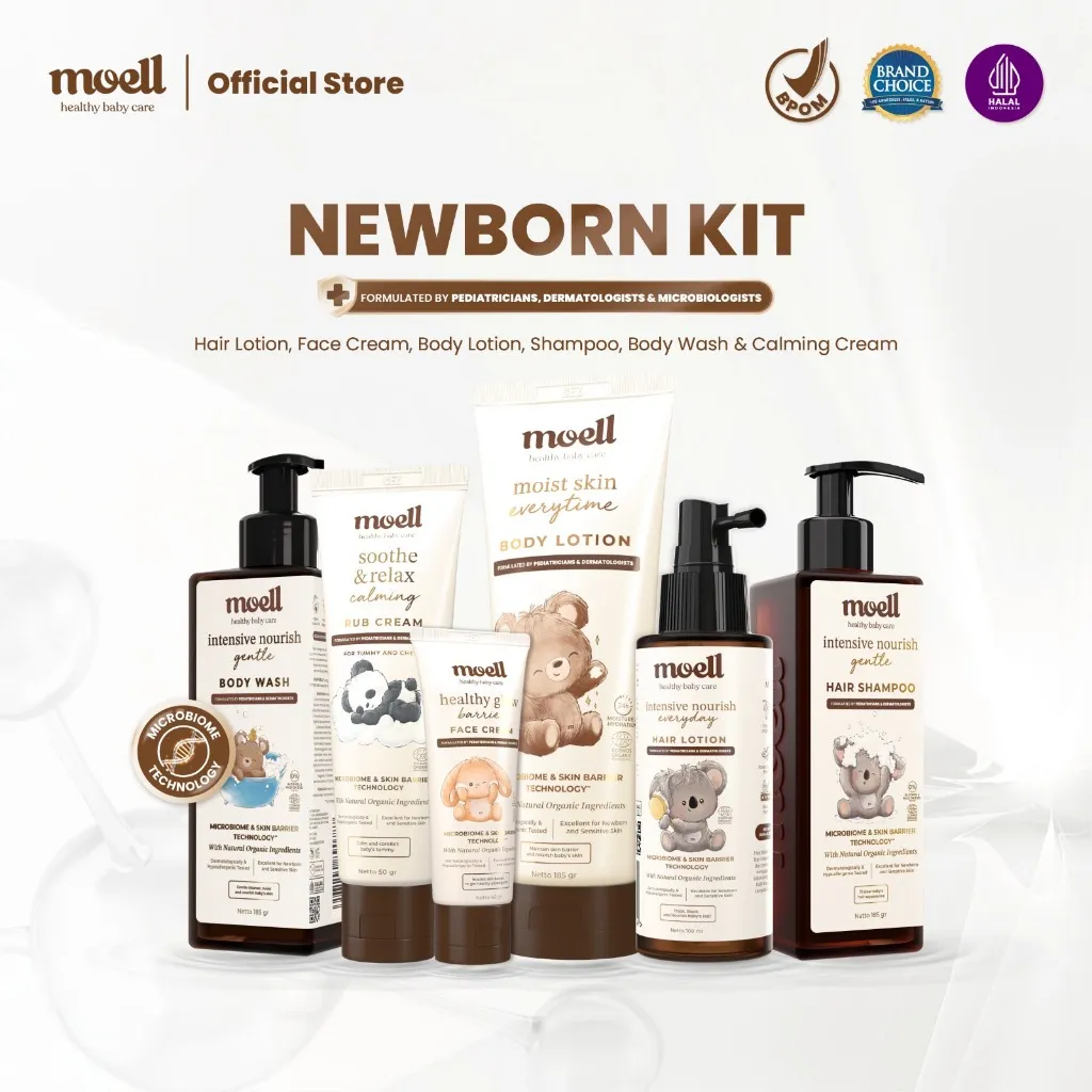 Moell Newborn Kit - Body Lotion 185gr & Face Cream 40gr & Calming Rub Cream 50gr & Body Wash 185gr & Shampoo 185gr & Hair Lotion 100ml - Paket Newborn Diformulasikan Oleh Dokter Anak & Kulit - NO SLS/PARABEN
