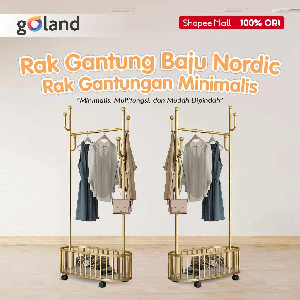 Goland Gantungan Baju Aesthetic Model Nordic - Gantungan Baju & Keranjang Pakaian 4 Roda Multifungsi