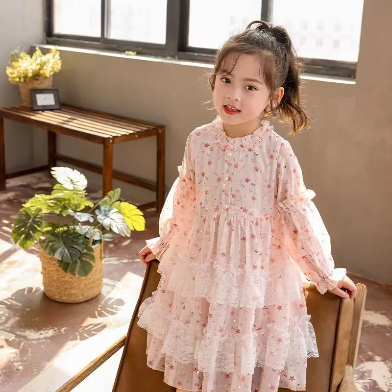 [PRINCESS KESLI] 2-11 Tahun Rok sifon A-line bunga kecil lengan panjang anak-anak musim semi gaya baru untuk anak-anak menengah dan besar, gaun kecil segar berpayet