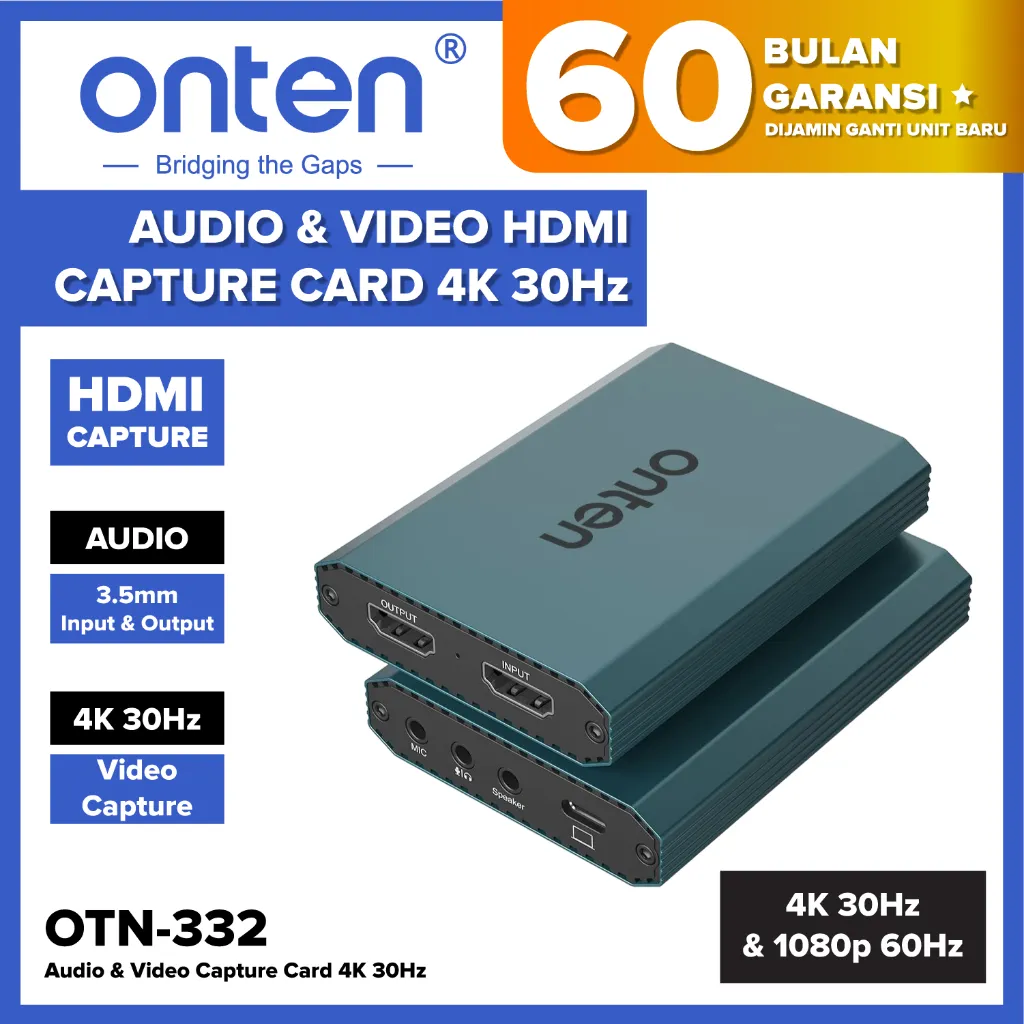Onten Audio Video HDMI Capture Card Support 4K 30Hz Resolution for Gaming Live Streaming OTN-332