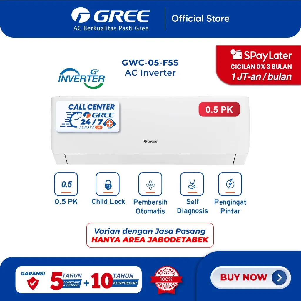 GREE AC F5S SERIES - INVERTER 0.5 PK - GWC-05F5(S) - WHITE PEARL (Unit Indoor & Outdoor)