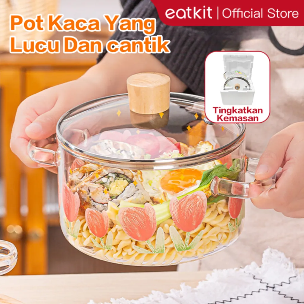 Eatkit Panci Soup Rebus Kaca Tebal 1700ml Borosilicate Glass Cooking Soup Pot Transparan Anti Panas
